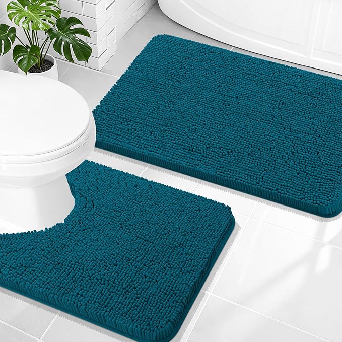 OLANLY Chenille Bathroom Rugs Sets 2 Piece, 30"x20"+24"x20", Peacock Blue | Soft Absorbent Bath Mat and U-Shaped Contour Toilet Rug Set, Quick Dry, Machine Washable Bath Carpet, Home Decor Accessories