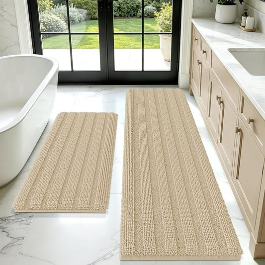 ACCUMTEK Striped Beige Bathroom Rug Mat Set 2 piece 32"x20"+60"x20" Ultra Soft, Non Slip Chenille Bath Rugs, Absorbent Plush Shaggy Bath Mats for Bathroom, Bedroom, Kitchen, Shower, Tub