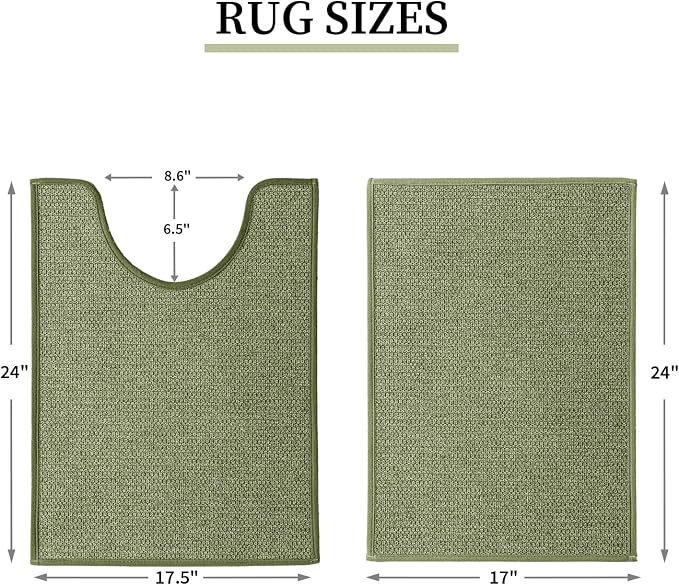 YIHOUSE Green Bathroom Rugs Sets 2 Piece, Quick Dry Thin Bath Mat with Toilet Rug, Non Slip Absorbent Machine Washable, Bath Rugs for Tub Sink Home Decor (17"x24" + 17.5"x24" U-Shaped)