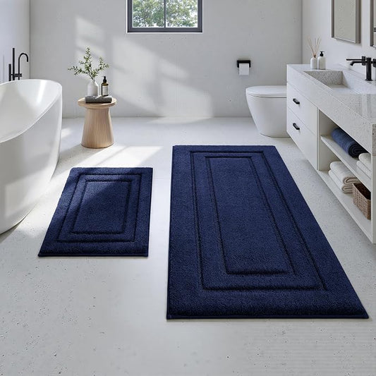 HOMEIDEAS Bathroom Rugs Sets 2 Piece, Soft Extra Long Bath Mat Navy Blue | Super Soft and Absorbent Non Slip Microfiber Bath Rug，Machine Washable, for Bathroom, 20" x 47" + 16" x 24"