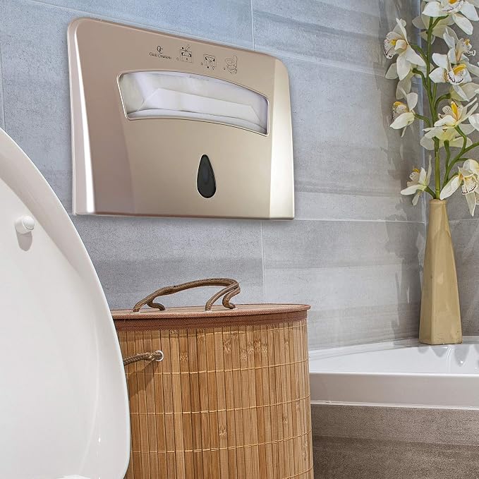 Toilet Seat Cover Dispenser by Oasis Creations –Wall Mount – Heavy Duty Commercial or Residential – Gold