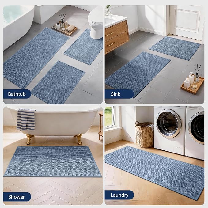 YIHOUSE Navy Blue Bathroom Rugs Sets 4 Piece, Quick Dry Thin Bath Mat with Toilet Rug, Non Slip Absorbent Machine Washable, Bath Runner Rugs for Bathtub Sink Home Decor
