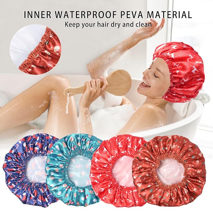 Shower Caps for Women, 4 PCS Reusable Waterproof Bath Cap | Double Layer, Washable, Wide Elastic Band, Holds Long Hair, Caps for Bath Accessories, Spa, Travel Home - Chrismas Pattern