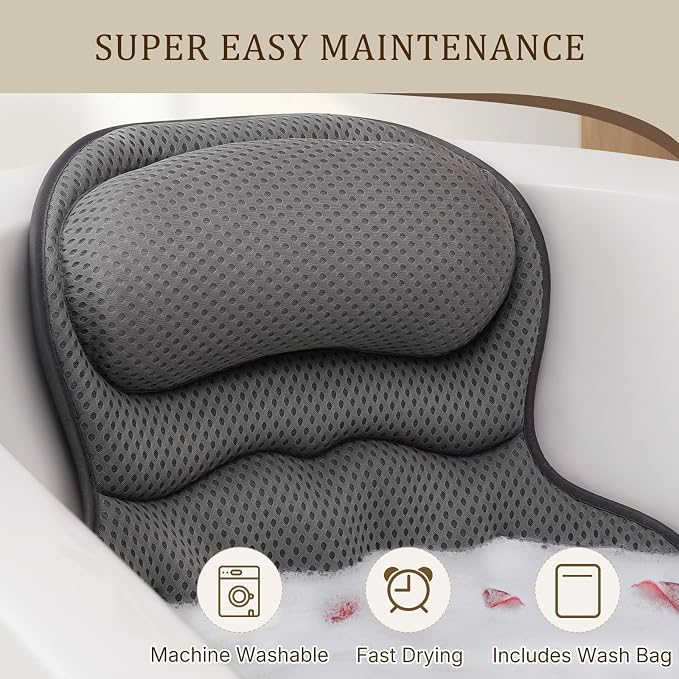 Bath Pillows for Tub, Luxury Bathtub Pillow for Head and Neck Support, Gray | Soft 4D Mesh, Padded Headrest, 6 Non-slip Suction Cups, Quick-drying, Machine Washable, Wash Bag Included, Bath Accessories