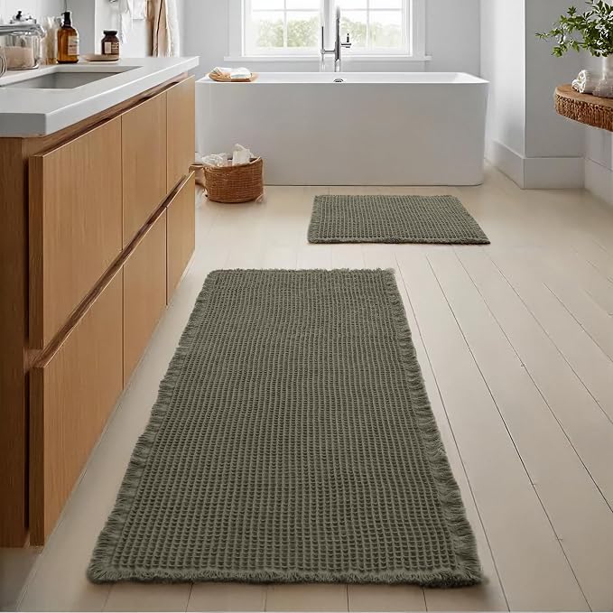 JIUZHEN Set of 2 Waffle Bathroom Rugs Non Slip Bath Mats, 16"x24"+24"x60" | Olive Green, Boho, Absorbent, Washable, Ultra Soft, Fast Drying Bath Rug and Bathroom Runner for Kitchen Hallway Laundry