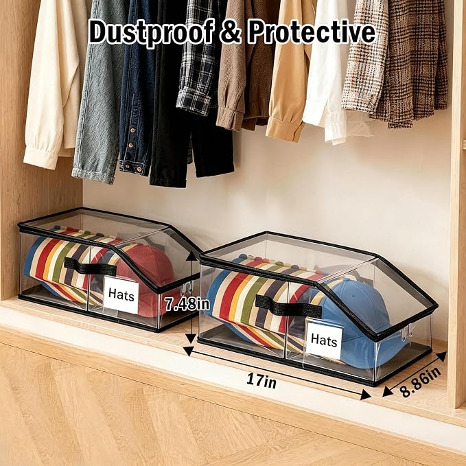 Foldable Clear Baseball Cap Storage Organizer – Stackable Transparent Hat Display Case with Zipper Closure 2PCS– Space-Saving Protective Unit for Baseball Caps & Accessories Black Trim
