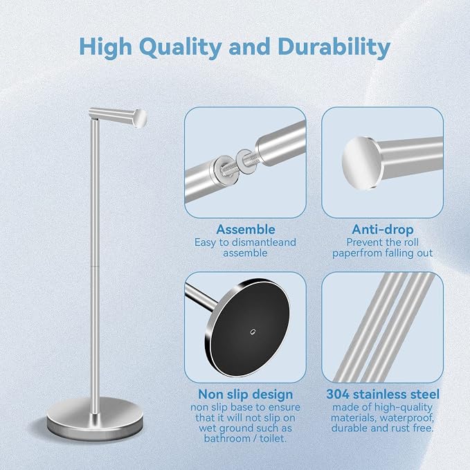 RRM Toilet Paper Holder Stand, Bathroom Free Standing Toilet Paper Holders with Reserve Storage 3-4 Toilet Paper Rolls, 22-inch Stainless Steel Toilet Paper Holder Stand (Brushed) (Pack of 2)