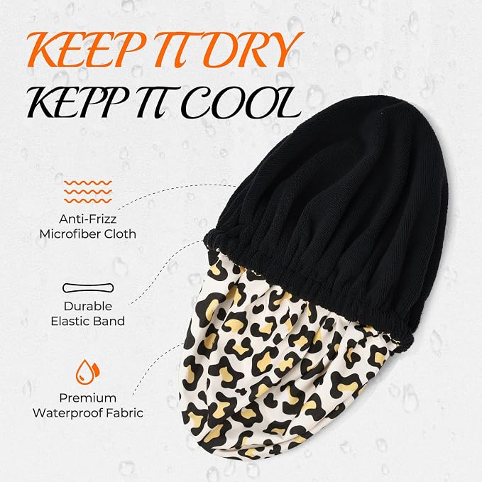 Shower Cap for Women Terry Lined Bath Cap Large Reusable Waterproof Elastic Band Leopard Shower Caps for Long Thick Hair Soft Bath Shower Hair Caps