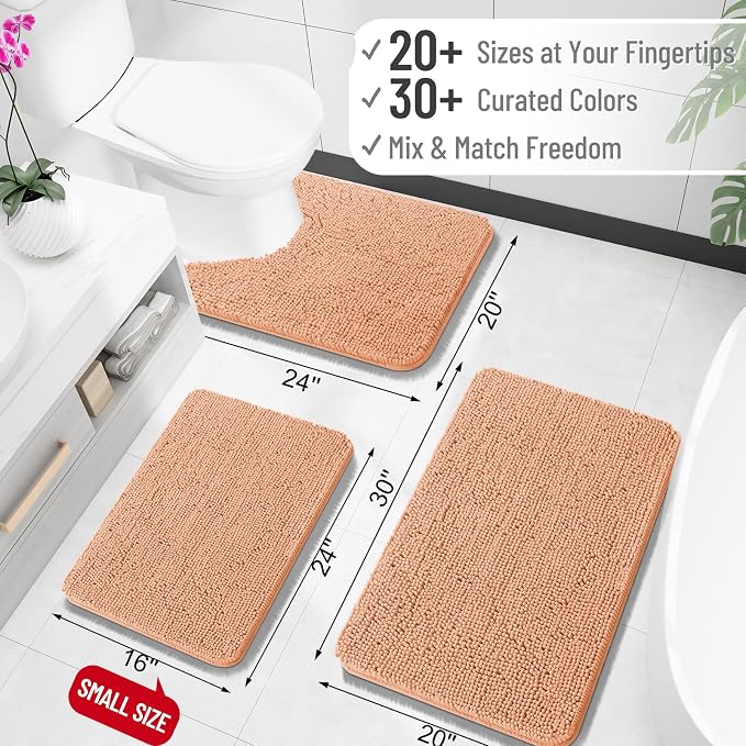 OLANLY Small Bathroom Rugs 30x18, Extra Soft Absorbent Chenille Bath Rugs | Peach, Quick-Drying Rubber Backing, Machine Washable Bath Mat for Bathroom Floor, Tub and Shower, Home Decor Accessories