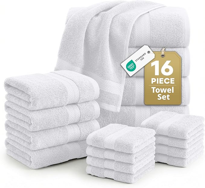 LANE LINEN Bath Towel Set 100% Cotton 16 Piece Soft Absorbent - White | Shower Towels - Generously Sized, Oversized & Roomy, Lightweight & Breathable, Fade-Resistant Color, Classic Terry Weave