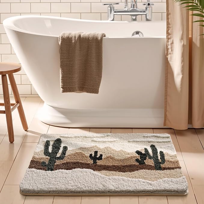Bathroom Rug Mat, Yellow Desert Cactus Bath Mat with Soft & Non-Slip, Ultra Absorbent Microfiber Shaggy Door Mat, Quick Dry Bath Rug Carpet for Toilet Bathtub Bedroom 20x31 Inch (Yellow)