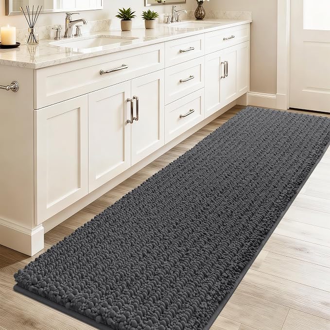 ACCUMTEK Upgrade Luxury Grey Bathroom Rug Mat Gray 48"x20", Ultra Soft Thick Absorbent Bath Mats, Non Slip Chenille Toilet Mat for Bathroom, Bedroom, Kitchen, Shower, Tub, Charcoal
