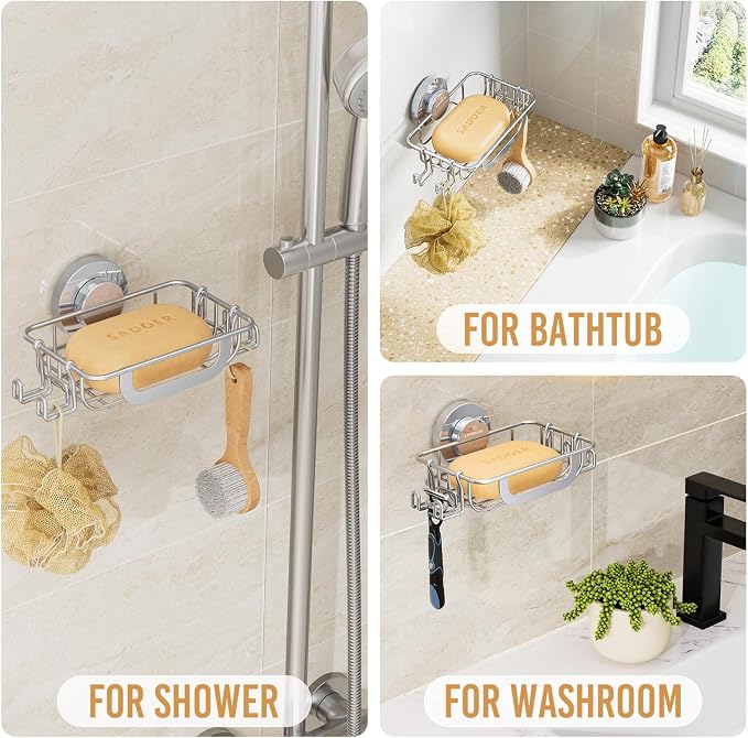 Soap Holder, Soap Dish for Shower, Suction Cup Bar Soap Holder | Soap Bar Holder for Shower, Wall Mounted Self Draining, NO Drill Sponge Holder for Bathroom, Bathtub Kitchen Sink, Silver