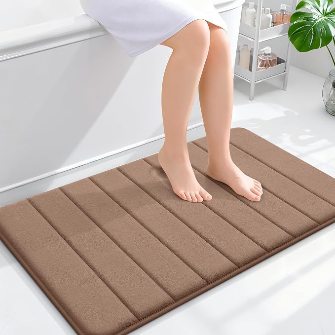 OLANLY Memory Foam Bath Mat 35x24, Super Soft and Absorbent Bathroom Rugs | Mocha, Quick Dry Bath Rug, Machine Washable Shower Floor Mats, Bathmat Carpet for Bathroom Floor, Tub and Shower