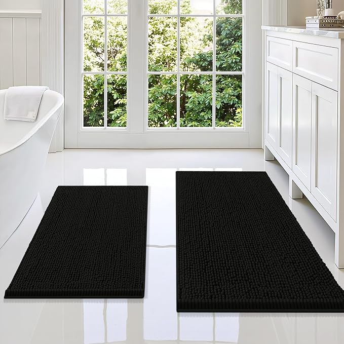 Smiry Chenille Bathroom Rugs Sets 2 Piece (36x24+30x20, Black) | Soft Absorbent Machine Washable Non Slip Shaggy Bath Rug Set for Tub, Shower, and Floor, Home Decor