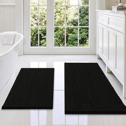 Smiry Chenille Bathroom Rugs Sets 2 Piece (36x24+30x20, Black) | Soft Absorbent Machine Washable Non Slip Shaggy Bath Rug Set for Tub, Shower, and Floor, Home Decor