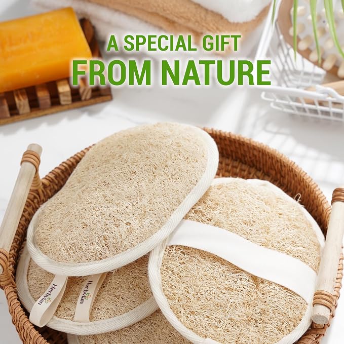 Natural Loofah Exfoliating Body Scrubber Pads for Bath and Shower | Made from 100% plant-based Vietnamese loofah to exfoliate and cleanse skin during baths and showers.