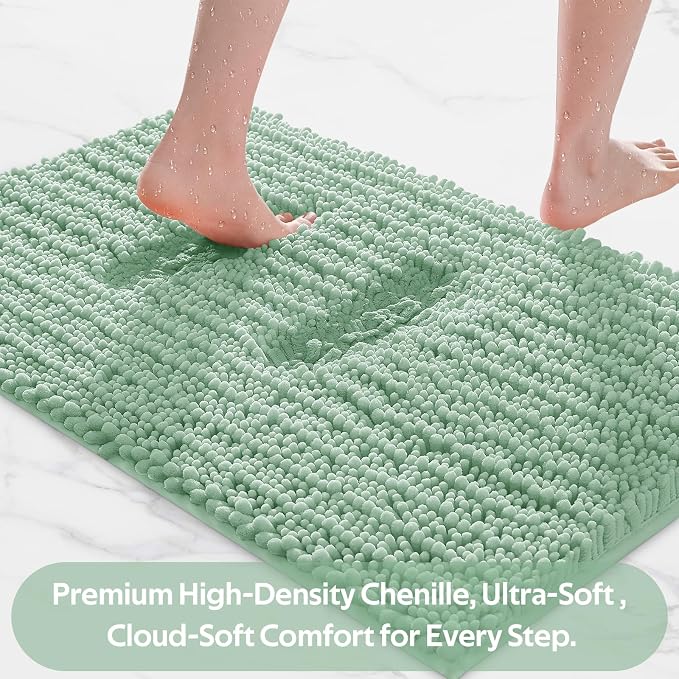ACCUMTEK Upgrade Luxury 2 Piece Sage Green Toilet Bathroom Rug Mat 32"x20"+24"x17", Ultra Soft Thick Absorbent Bath Mats, Non Slip Chenille Toilet Mat for Bathroom, Bedroom, Kitchen, Shower, Tub