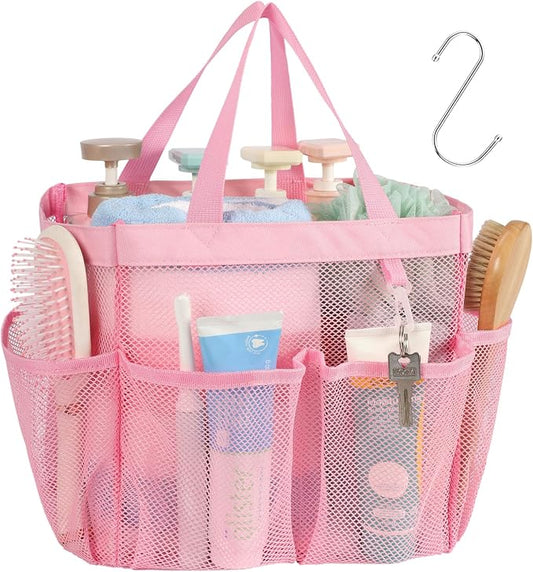 F-color Mesh Shower Caddy Portable, Upgrade Deeper 7 Pockets Shower Bag Basket Tote for College Dorm Room Toiletry Bathroom Essentials Gym Camp Quick Dry 2 handles with S Hook, Pink