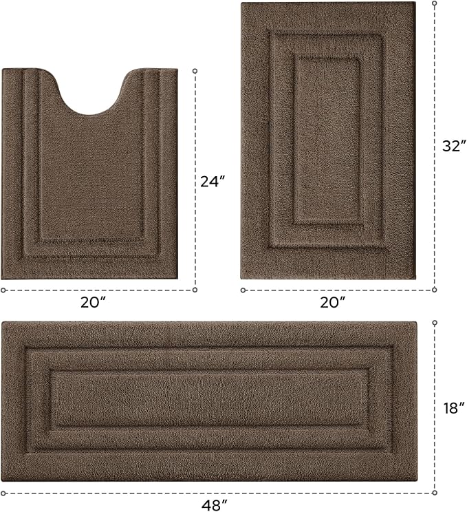 HOMEIDEAS Brown Bathroom Rugs Set of 3, Non Slip Bath Runners | Super Absorbent, Plush Microfiber, Machine Washable, Stain Resistant, Easy Care, Perfect for Modern Bathroom Decor