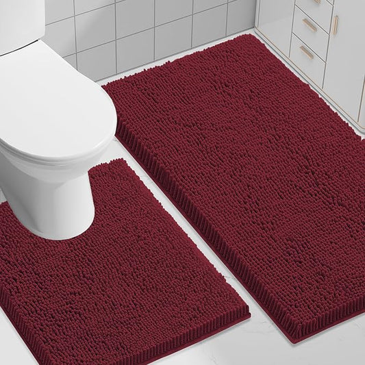 Smiry Chenille Bathroom Rugs Sets 2 Piece (30x20+ U Shape 24x20, Burgundy) | Soft Absorbent Machine Washable Non Slip Shaggy Bath Rug Set for Tub, Shower, and Floor, Home Decor