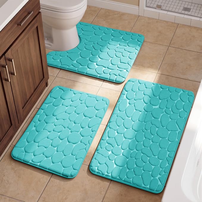 YIHOUSE Bathroom Rugs Mat Set, Memory Foam Bath Mat 3 Piece Teal | U Shape+Small Mat, Non Slip, Water Absorbent, Washable, Bath Mat For Bathroom, Sink and Toilet