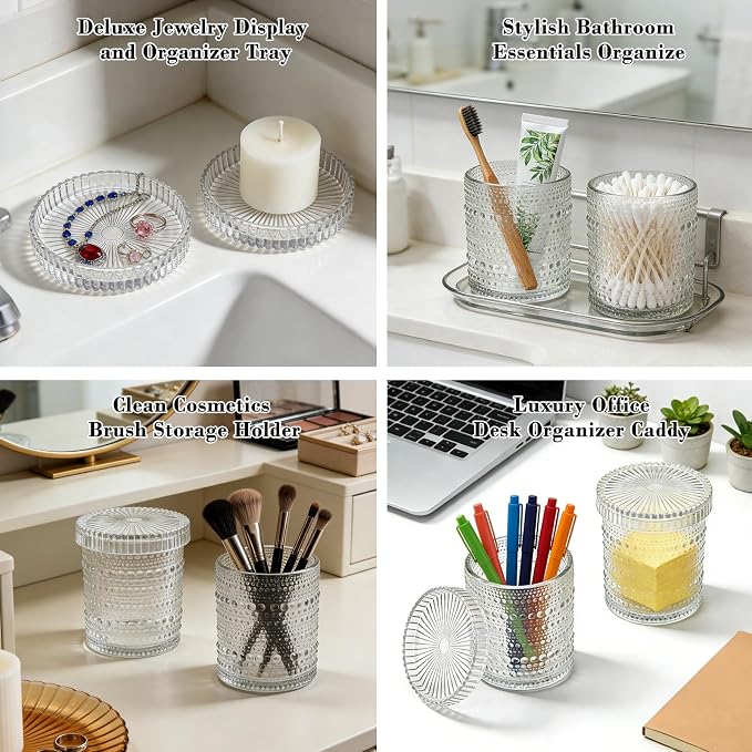 Flrolove Bathroom Organizers and Storage, 4 pcs Glass Qtip Holder | Clear Bathroom Accessories, Vanity Organizer for Cotton Rounds, Balls & Floss Picks, Qtips, Bathroom Canisters with Lids