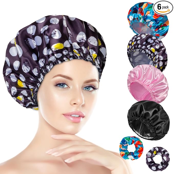 Shower Cap for Women Set of 4, Reusable Bath Caps + 2 Satin Hair Scrunchies | Double Layers, Waterproof Hair Caps, for Bath Accessories, Spa, Travel Home - Pattern A