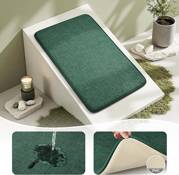 HOMEIDEAS Memory Foam Bathroom Rugs Set, Dark Green 24"x17"+32"x20" | Ultra Absorbent Quick Dry Bath Mats with Non Slip PVC Backing, Machine Washable, Ideal for Bath Floor, Shower and Tub
