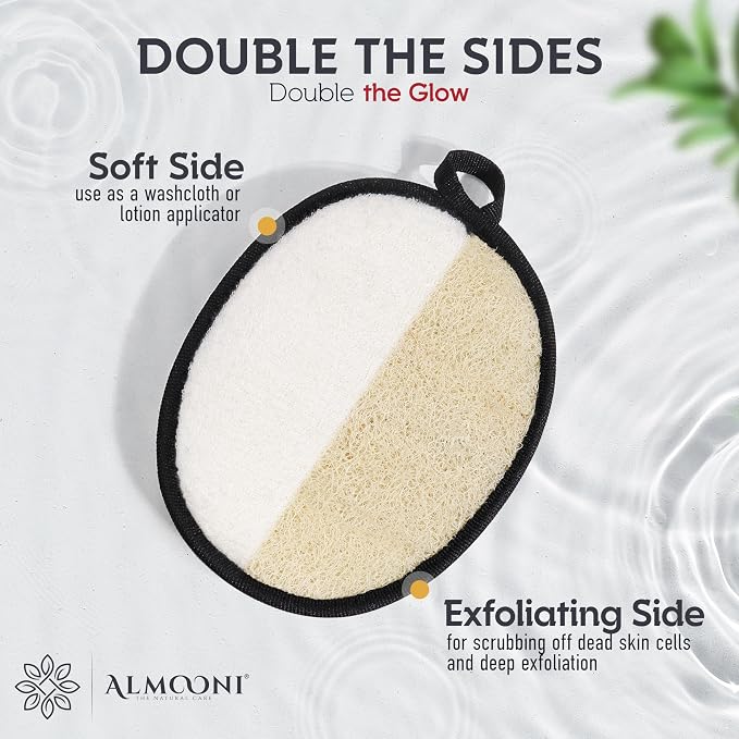 ALMOONI Loofah Sponge Body Scrubber for Men, Black, 2 Count | Natural Egyptian Loofah with Handle Strap, Dual-Sided with Cotton Back, Exfoliating Body Scrubber Loofah for Men