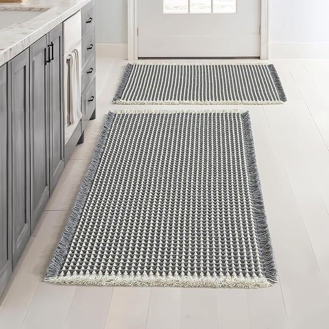 MIULEE Set of 2 Waffle Bathroom Rugs Dark Grey&Cream 17"x24"+18"x30" | Non Slip, Super Absorbent, Washable, Ultra Soft, Rubber Backed, Small Boho Bath Rugs for Bathroom Floor Tub Shower
