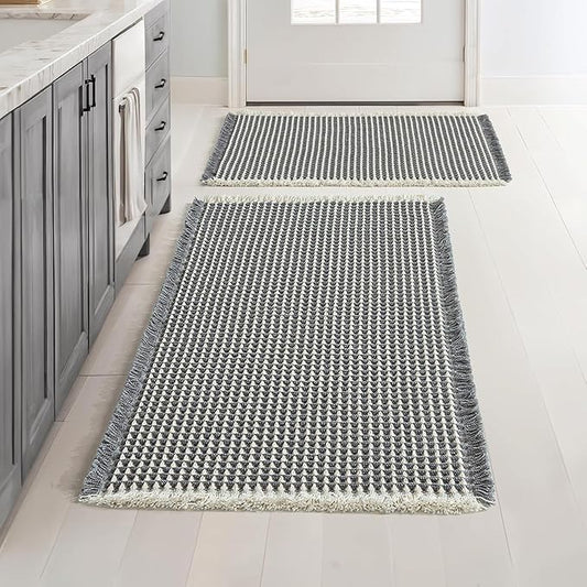MIULEE Set of 2 Waffle Bathroom Rugs Dark Grey&Cream 17"x24"+18"x30" | Non Slip, Super Absorbent, Washable, Ultra Soft, Rubber Backed, Small Boho Bath Rugs for Bathroom Floor Tub Shower
