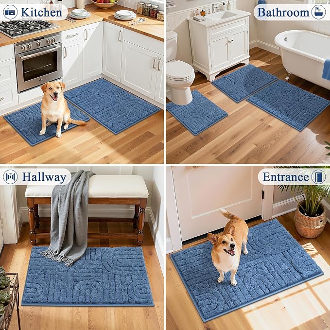 Vaukki Blue Bathroom Rugs Sets 3 Piece, 32x20+26x18+24x20 Inch | Washable Non Slip Soft Bath Mats for Shower and Tub, Plush Absorbent Microfiber Toilet Rug U Shaped