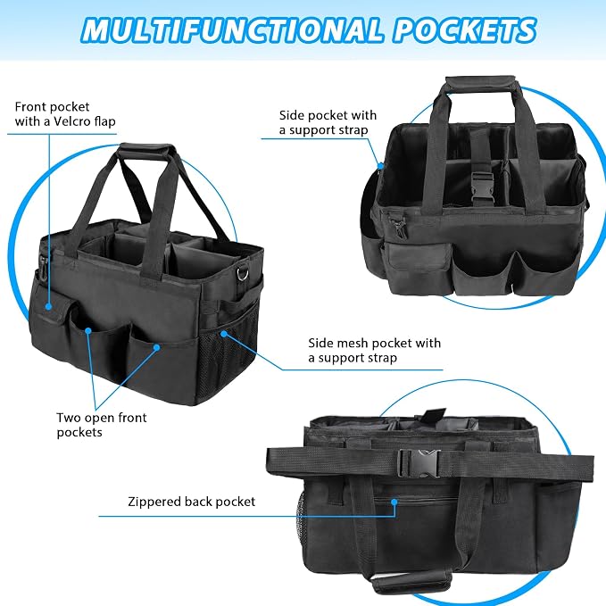 Cleaning Caddy Organizer With Handle,Cleaning Caddy Bag- Large Caddy Bag For House, Car Cleaning Supplies, Housekeeping Handbag With Adjustable Shoulder Straps (Black)