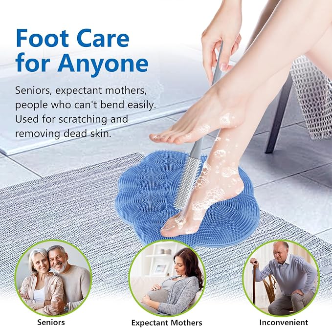 Toe Gap Cleaning Brush with Long Handle and Shower Foot Scrubber Mat, Silicone Toe Gap Cleaning Brush Cleans Your Feet Without Bending for Seniors, Men and Women