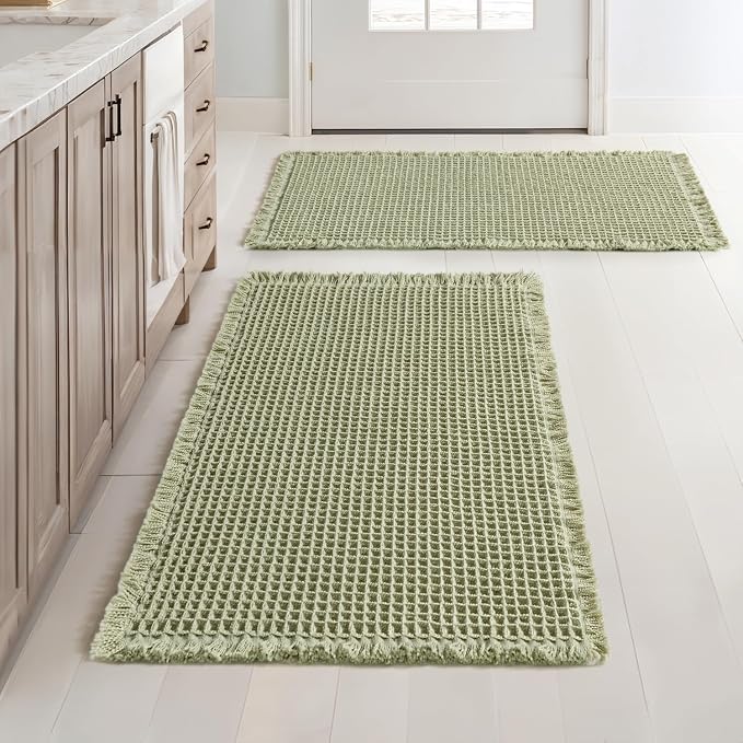 MIULEE Set of 2 Waffle Bathroom Rugs Boho Bath Mat Sage Green 20x32 Inch | Non Slip, Super Absorbent, Washable, Ultra Soft, Rubber Backed Bath Rugs for Bathroom Floor Tub Shower