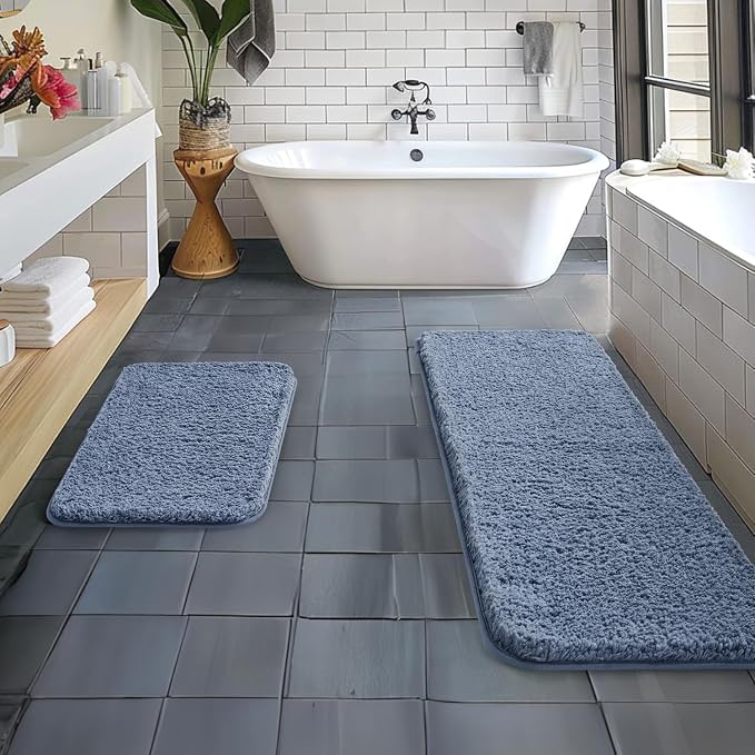 MIULEE Dusty Blue Bathroom Rugs Set 2 Piece Soft Bath Mats 16x24+16x48 Inch | Soft Absorbent Microfiber Bath Rugs, Non Slip, Quick Dry, Fluffy Bath Rugs for Bathroom Floor Tub Showers, Machine Washable
