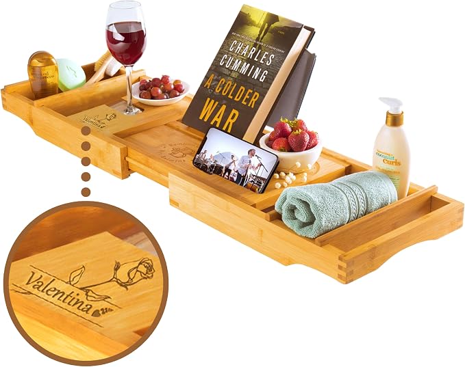Personalized Bathtub Tray - Custom Engraved Foldable Bamboo Bath Caddy, Expandable Tub Tray Bath Table, for Mom Personalized Mom Birthday Gift, for Wife Gift for Her