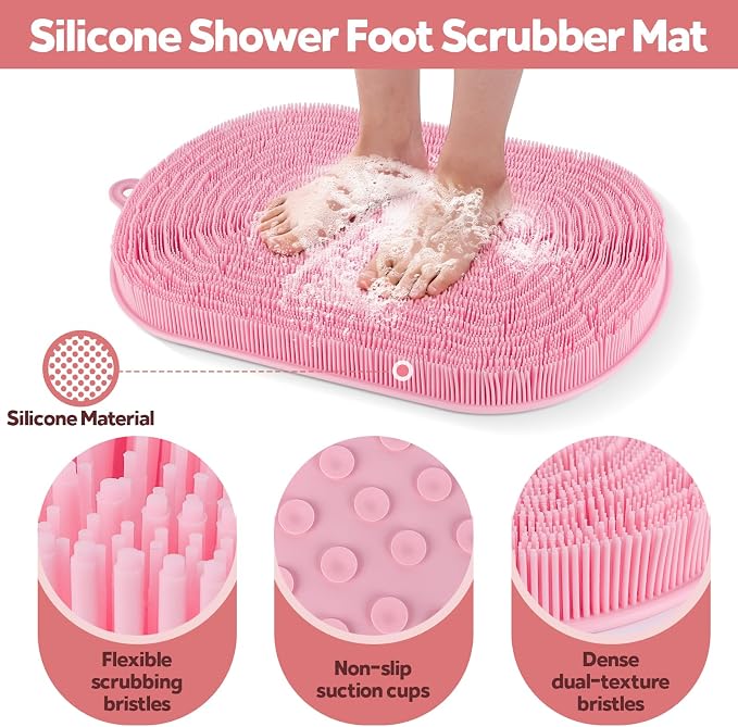 21"×14" Large Shower Foot Scrubber Mat, Silicone Feet/Back Exfoliating Cleaner with Suction Cups, Foot Massage Bath Pad for Dead Skin Removal, No Bending Over Soft Bristle Bath Mat