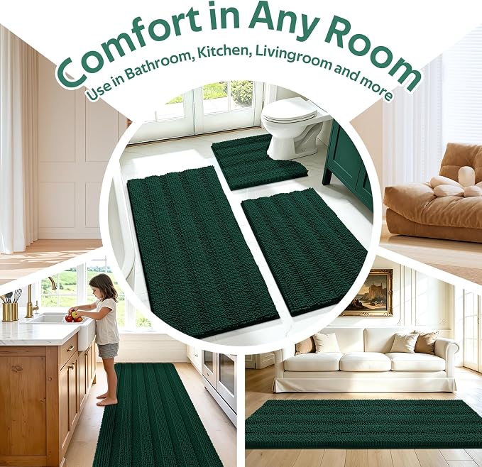 Christmas Striped Deep Green Bathroom Rug Mat Set 2 piece 32"x20"+24"x17" Ultra Soft, Non Slip Chenille Bath Rugs, Absorbent Plush Shaggy Bath Mats for Bathroom, Bedroom, Kitchen, Shower, Tub