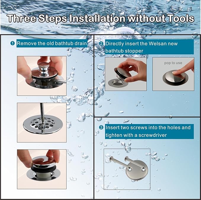 Brushed Bathtub Stopper Tub Drain,Welsan Universal Pop Up Tub Drain Stopper Replacement Tip Toe, Lift and Turn with 2-Hole Overflow Face Plate Cover and EZ Bath Tub Plug (Brushed Nickel)