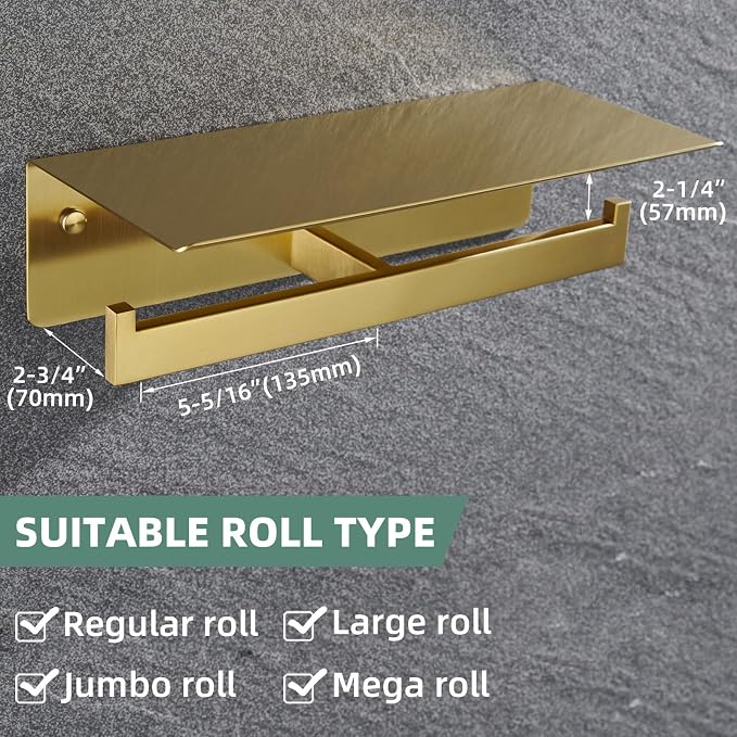APLusee Brushed Dark Gold Double Toilet Paper Holder with Shelf, Heavy Duty 304 Stainless Steel Tissue Holder for Bathroom with Storage, Commercial Paper Roll Dispenser Wall Mounted