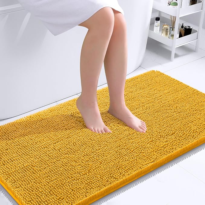 OLANLY Bathroom Runner Rugs 44x24, Soft Absorbent Chenille Bath Rugs, Rubber Backing Quick Dry, Machine Washable Long Bath Mats for Bathroom, Tub and Shower, Home Decor Accessories, Golden Yellow | Golden Yellow, Quick-Drying Rubber Backing, Washable L...
