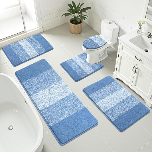 Bsmathom Bathroom Rug Set 5 Piece, Plush Microfiber Bath Mat, Blue | Extra Water Absorbent, Non Slip Washable Runner Bath Rugs with Toilet Lid Cover and U-shaped Contour Toilet Mat