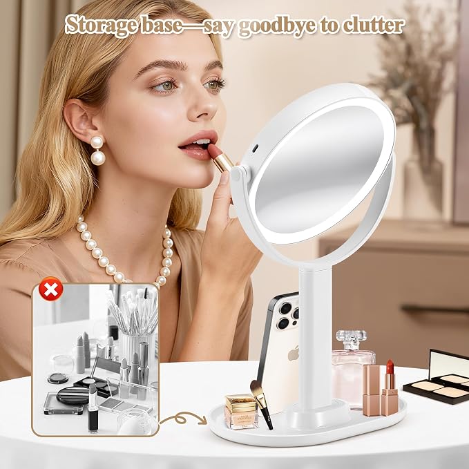 MOMOKUBA Makeup Mirror with Lights, 20X Magnifying Mirrors, Height Adjustable, Vanity Mirror with Lights Rechargeable 3 Color Modes, Double-Sided Detachable Travel Mirrors, Gift for Women, White