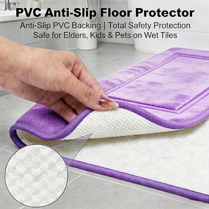3 Piece Bath Rug Set Memory Foam Non-Slip, Bordered Toilet Rug, Lavender | Spa & Relaxing Decor — Soft Lavender bath mats, absorbent and washable, with a U-shaped toilet mat.