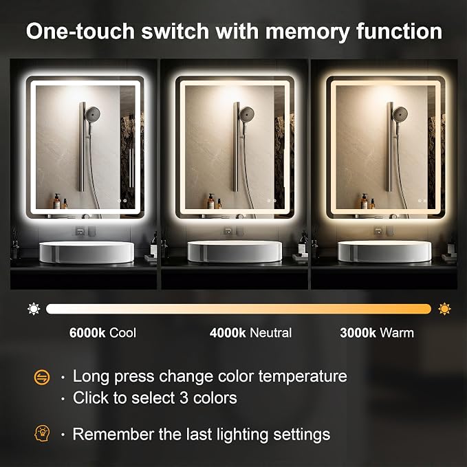 TRAHOME LED Bathroom Vanity Mirror with Lights, 36"x30" Lighted Wall Mirror | Front and Backlit, Anti Fog, Dimmable 3 Color Lighting, Memory Function, Shatterproof Glass, Plug in or Hardwired