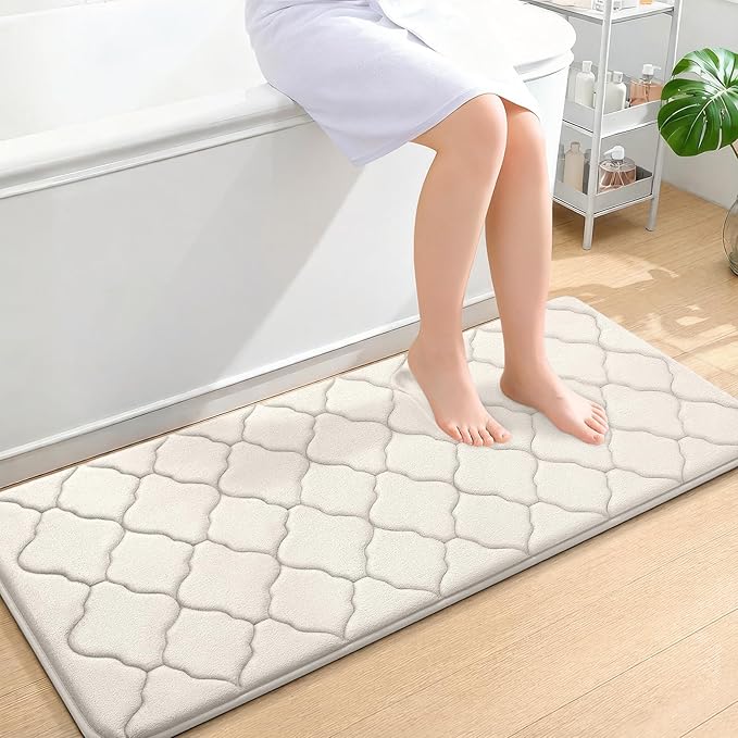 OLANLY Memory Foam Bath Mat Rug 47x20, Ultra Soft Bathroom Rugs, Ivory | Thick Absorbent Carpet, Non-Slip Backing, Machine Washable, for Bathroom Floor, Tub, Shower and Home Decor Accessories