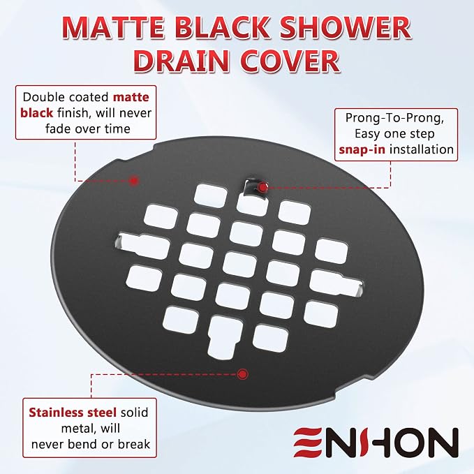 Enhon 2 Pack 4-1/4 Snap in Shower Drain Cover, Round Strainer Drain Grid, Bathroom Shower Grate Cap Replacement for Hair Catcher(Matte Black,Stainless Steel)