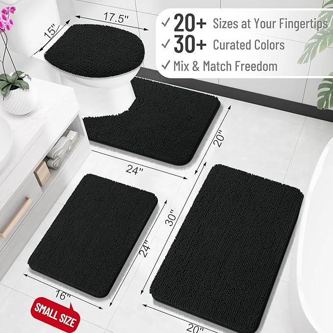 OLANLY Toilet Rugs U-Shaped 24x24, Soft Absorbent Chenille Contour Rugs | Black, Quick-Drying Rubber Backing, Machine Washable Non-Slip Shaggy Bathroom Mat for Toilet, Home Decor Accessories